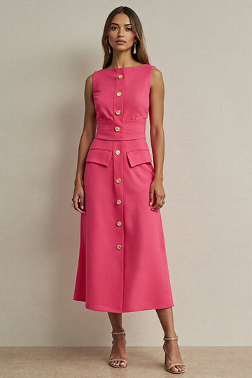 Fuchsia A Line Single Breasted Tea Length Work Dress